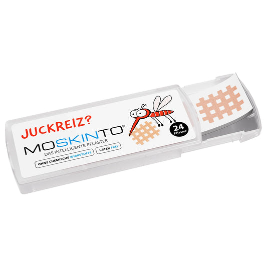 Produktbild der Moskinto Schiebebox mit Stocker auf der Front "Juckreiz?" Ohne chemische wirktstoffe, Latex frei.