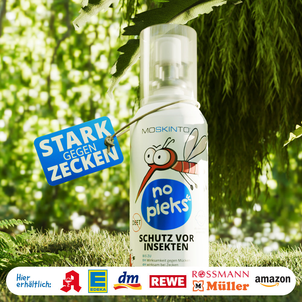 No pieks Flasche steht im Urwald. Stark gegen Zecken. Hier erhältlich: Apotheke, Edeka, dm, Rewe, Rossmann, Müller und Amazon.