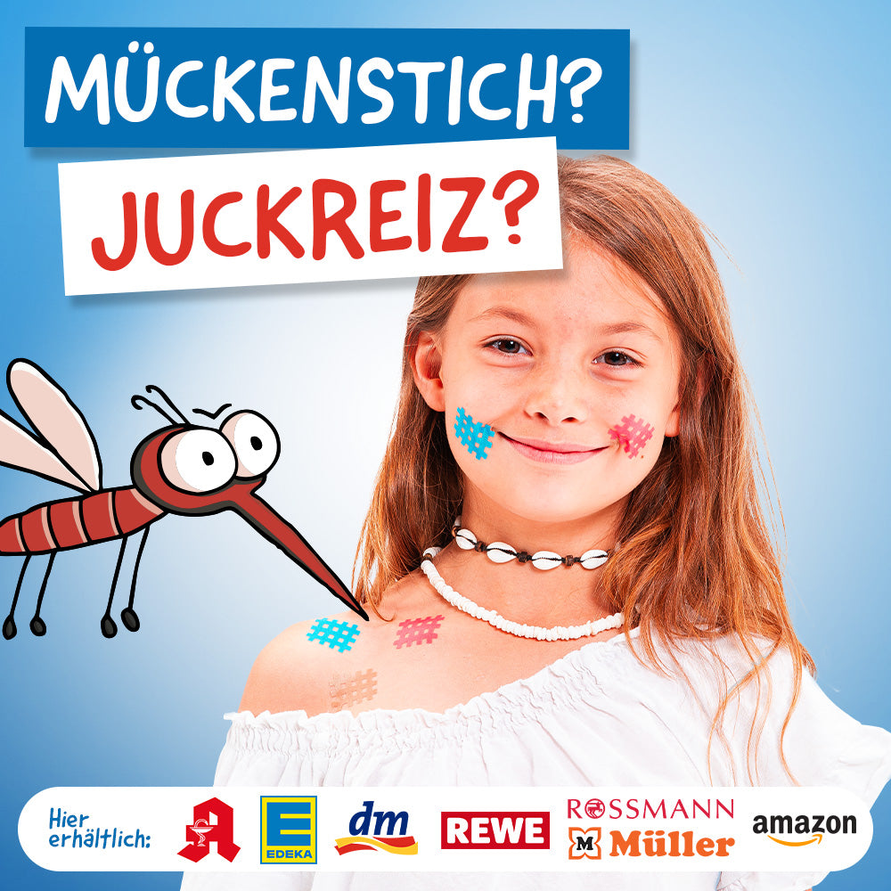 Werbegrafik mit Mädchen mit bunten Moskinto Pflastern im Gesicht. Mückenstich? Juckreiz? Hier erhältlich: Apotheke, Edeka, dm, Rewe, Rossmann, Müller und Amazon.