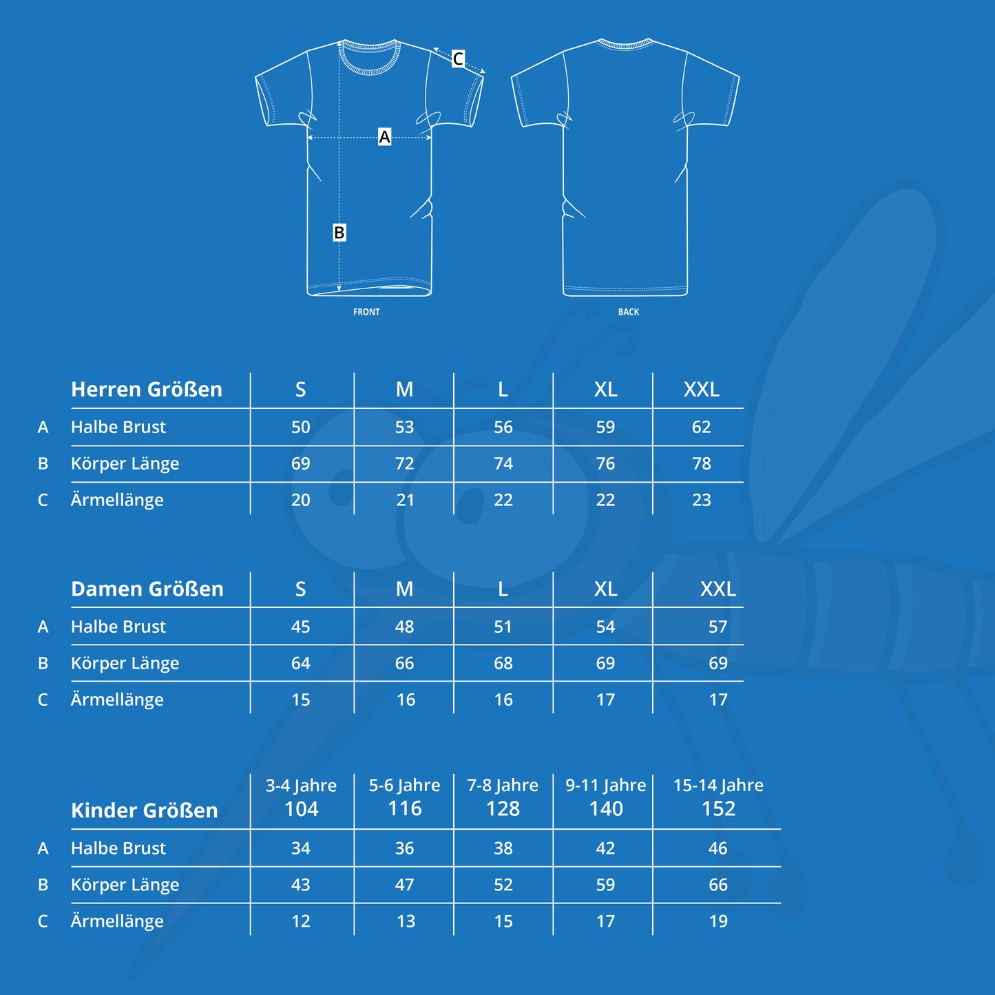 rößentabelle für Moskinto-T-Shirts mit Maßskizze: Angaben für Herren-, Damen- und Kindergrößen (3–4 bis 15–14 Jahre) zu Brustweite, Körperlänge und Ärmellänge, ergänzt durch schematische Darstellung der Messpunkte A (Brust), B (Länge), C (Ärmel).
