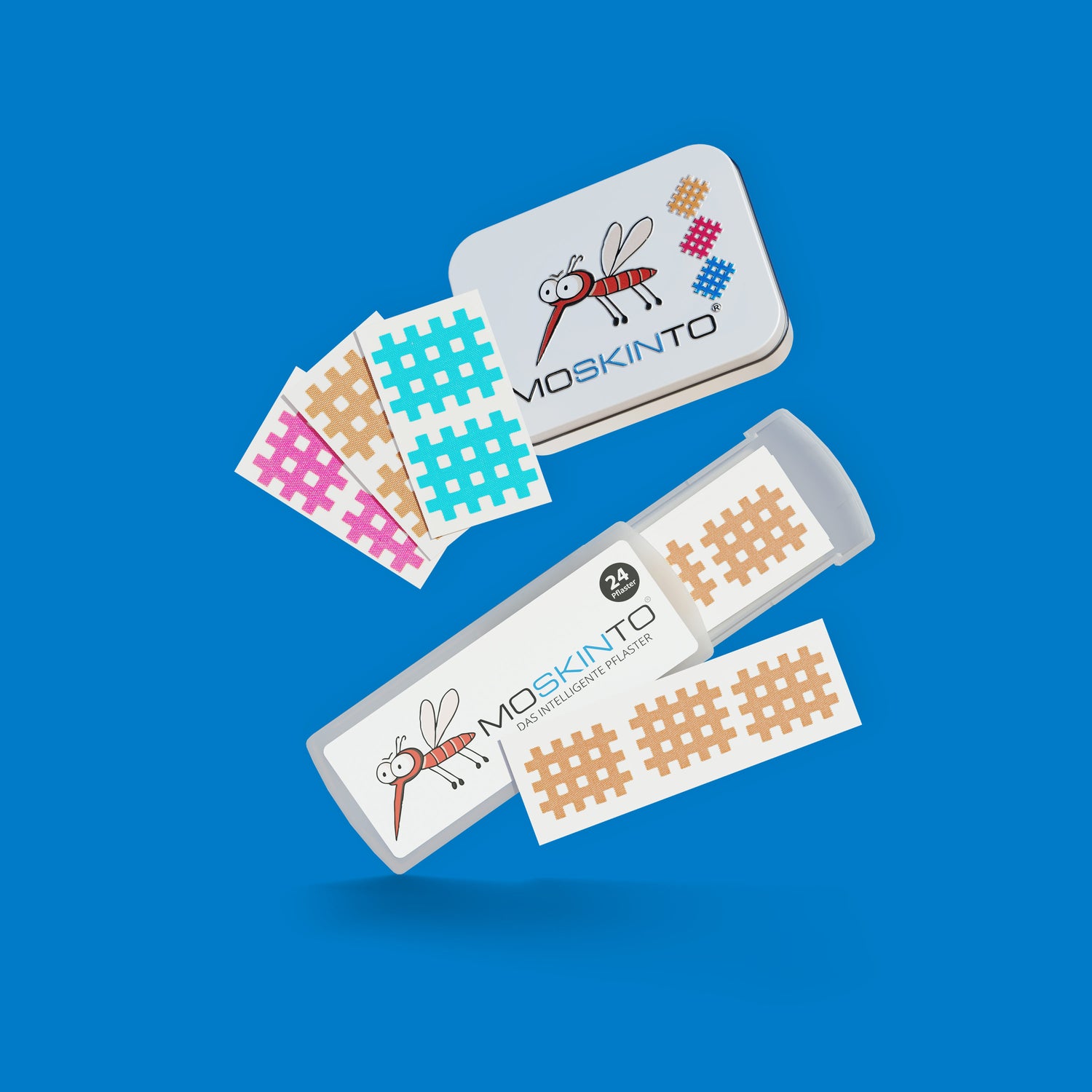 Schiebebox und Familiendose auf blauem Hintergrund.