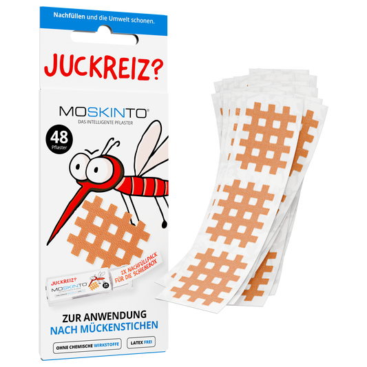 Produktbilder Moskinto Nachfüllpack. Verpackung links, rechts daneben die Pflaster in beige.