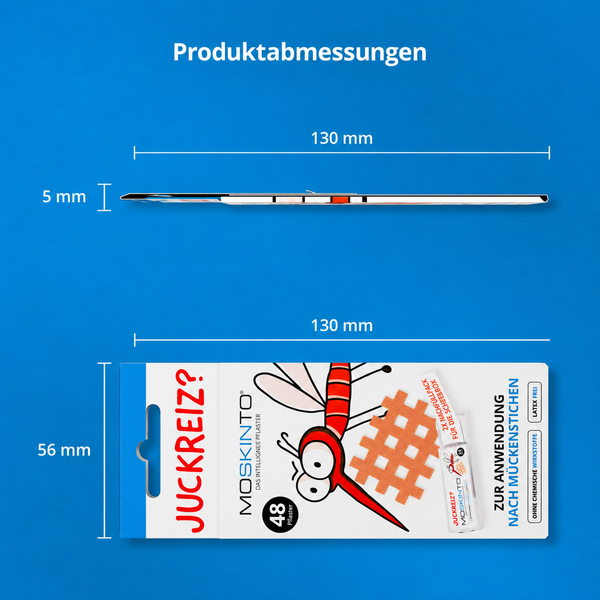 Produktabmessungen des Moskinto Nachfllpacks. 130 mm lang, 65 mm breit und 5 mm hoch.