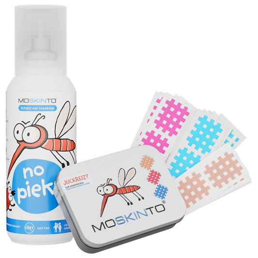 Kombibild von Moskinto Familiendose mit 48 Pflastern und no pieks Spray 100 ml.